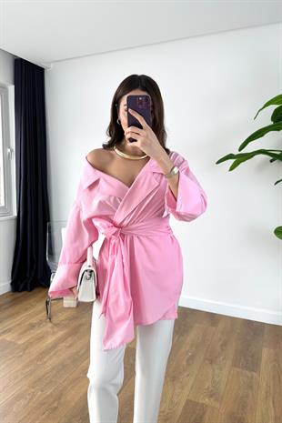 Rossa Pembe Kuşaklı Poplin Gömlek