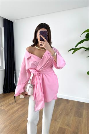 Rossa Pembe Kuşaklı Poplin Gömlek
