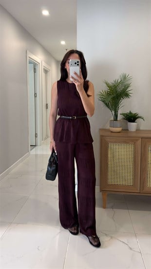 Roswe Bordo Kemerli Kolsuz Bluz Pantolon Takım
