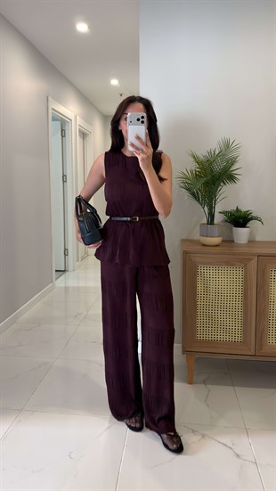 Roswe Bordo Kemerli Kolsuz Bluz Pantolon Takım