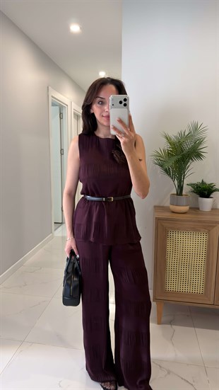 Roswe Bordo Kemerli Kolsuz Bluz Pantolon Takım