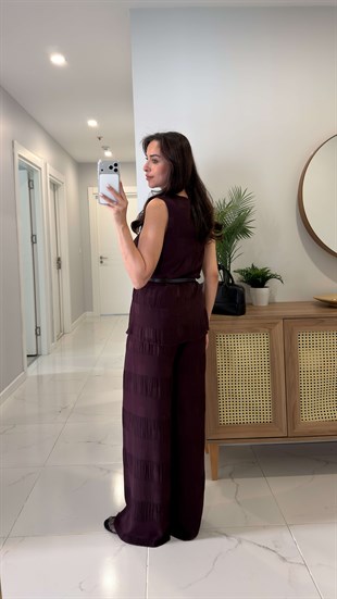 Roswe Bordo Kemerli Kolsuz Bluz Pantolon Takım