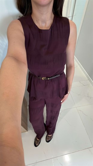 Roswe Bordo Kemerli Kolsuz Bluz Pantolon Takım