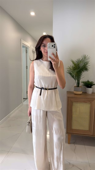 Roswe Ekru Kemerli Kolsuz Bluz Pantolon Takım