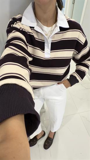 Rotts Bordo Ekru Çizgili Polo Yaka Sweat