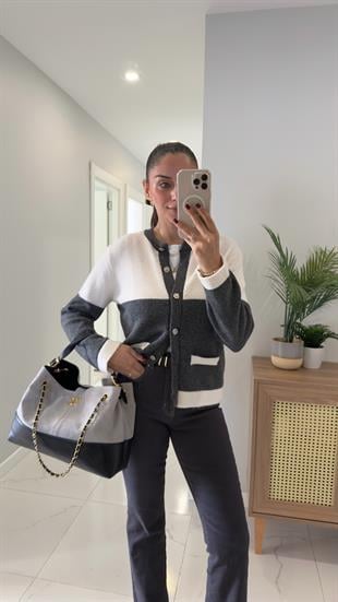 Rubna Krem Antrasit Düğmeli Hırka