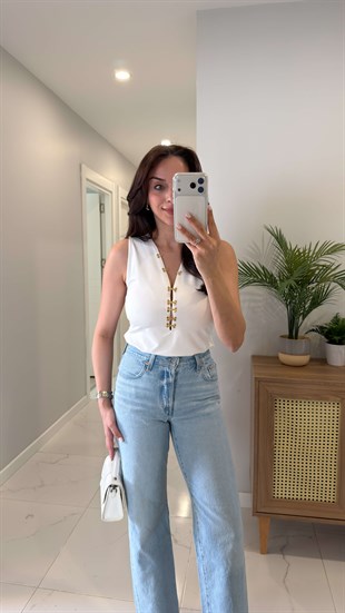 Rusten Ekru Kanca Detaylı Bluz