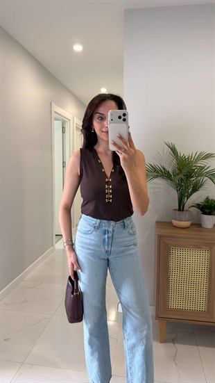 Rusten Kahve Kanca Detaylı Bluz