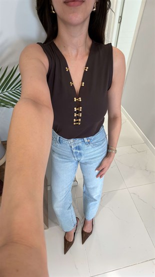 Rusten Kahve Kanca Detaylı Bluz