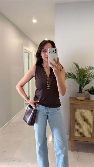 Rusten Kahve Kanca Detaylı Bluz