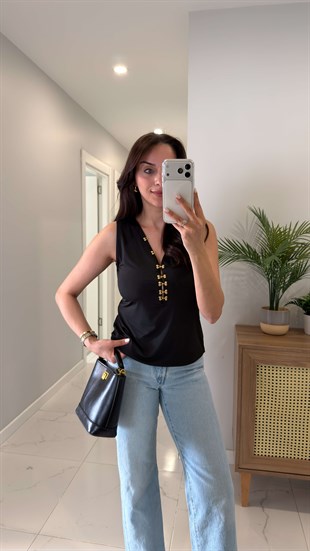 Rusten Siyah Kanca Detaylı Bluz