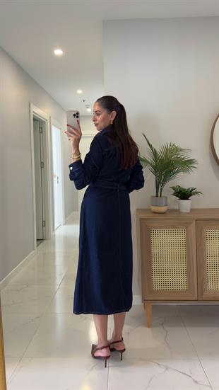 Safir Dark Blue Silver Düğmeli Kuşaklı Elbise