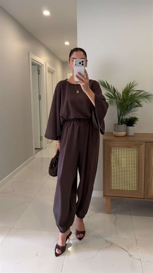 Sanira Kahve Bluz Şalvar Pantolon Takım
