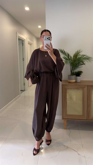 Sanira Kahve Bluz Şalvar Pantolon Takım