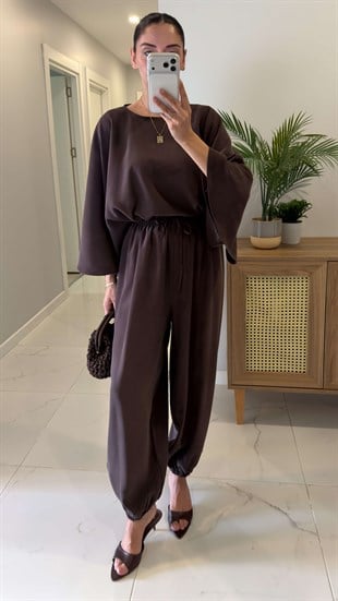 Sanira Kahve Bluz Şalvar Pantolon Takım