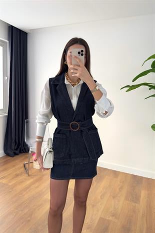 Sansa Dark Blue Denim Kemerli Yelek