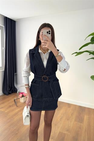 Sansa Dark Blue Denim Kemerli Yelek