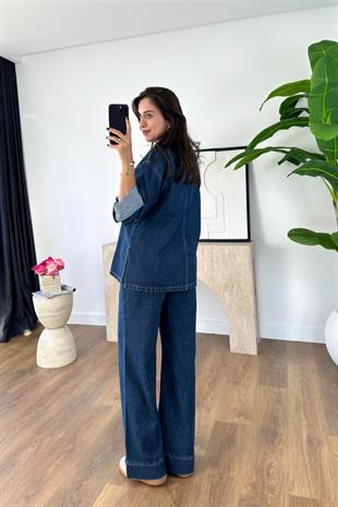 Sarena Lacivert Kapak Cep Detaylı Denim İkili Takım
