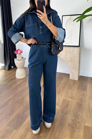 Sarena Lacivert Kapak Cep Detaylı Denim İkili Takım