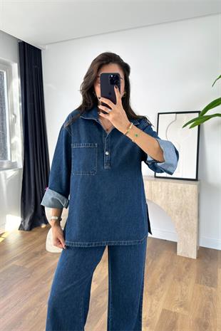 Sarena Lacivert Kapak Cep Detaylı Denim İkili Takım
