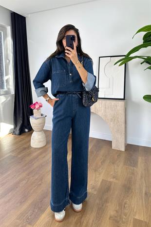 Sarena Lacivert Kapak Cep Detaylı Denim İkili Takım