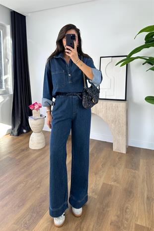 Sarena Lacivert Kapak Cep Detaylı Denim İkili Takım