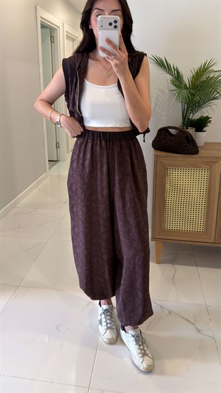Selay Kahve Kopüşonlu Yelek Pantolon Takım