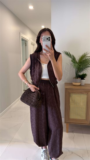 Selay Kahve Kopüşonlu Yelek Pantolon Takım