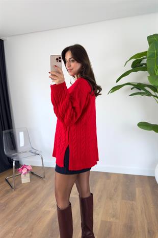 Selsa Kırmızı Örme Detaylı Triko