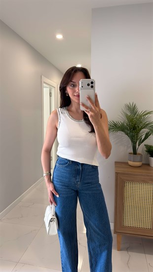 Senika Açık Ekru Taşlı Bluz