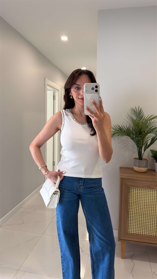 Senika Açık Ekru Taşlı Bluz