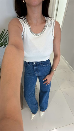 Senika Açık Ekru Taşlı Bluz