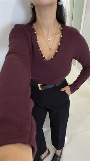Senveta Bordo Yaka Boncuk Detaylı Bluz