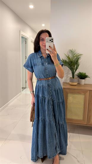 Seralla Mavi Düğmeli Kısa Kollu Kemerli Denim Elbise
