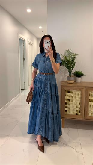 Seralla Mavi Düğmeli Kısa Kollu Kemerli Denim Elbise