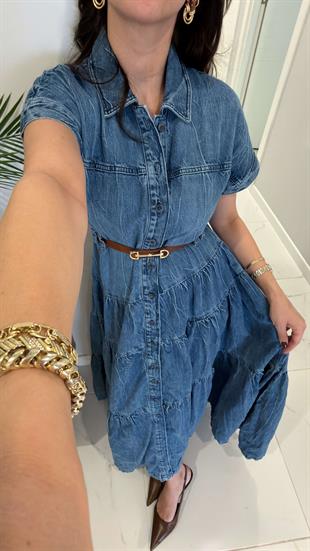Seralla Mavi Düğmeli Kısa Kollu Kemerli Denim Elbise