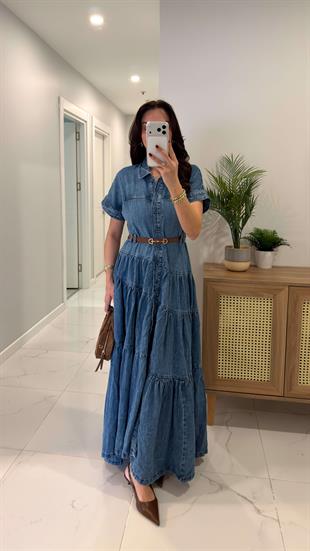 Seralla Mavi Düğmeli Kısa Kollu Kemerli Denim Elbise