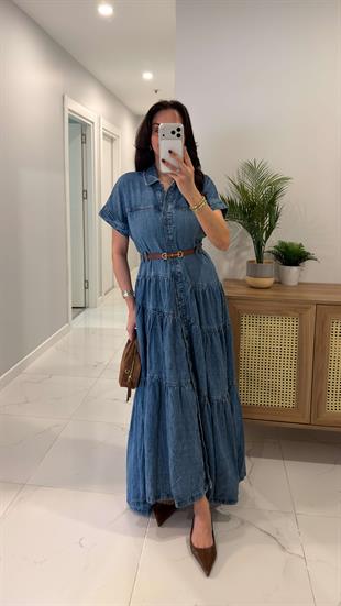 Seralla Mavi Düğmeli Kısa Kollu Kemerli Denim Elbise