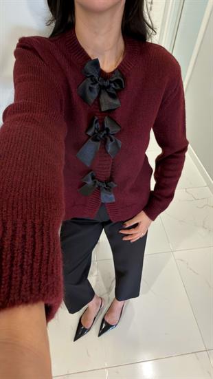 Setana Bordo Fiyonk Detaylı Hırka