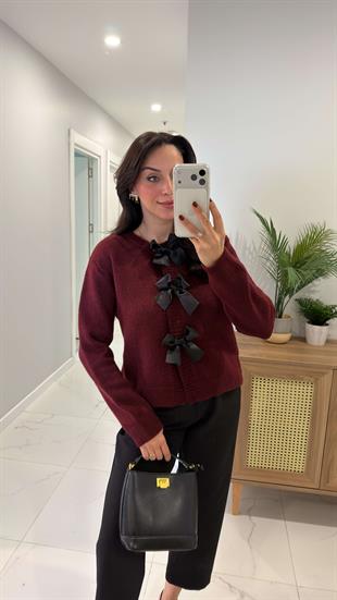 Setana Bordo Fiyonk Detaylı Hırka