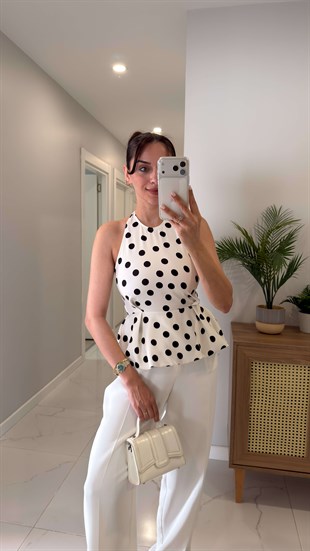 Setla Beyaz Puantiyeli Balon Etek Bluz