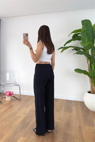 Sevin Siyah Keten Beli Bağlamalı Pantolon