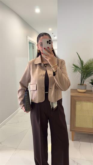 Shaggy Bej Cep Detaylı Nubuk Ceket