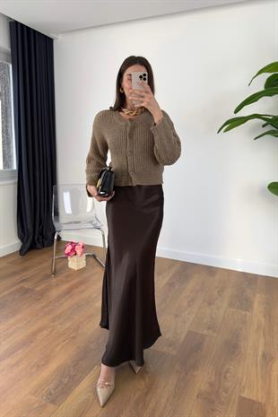 Shely Acı Kahve Beli Lastikli Maxi Boy Saten Etek