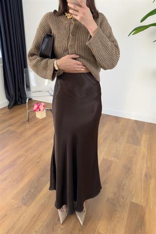 Shely Acı Kahve Beli Lastikli Maxi Boy Saten Etek