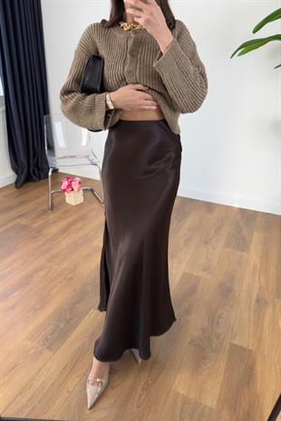 Shely Acı Kahve Beli Lastikli Maxi Boy Saten Etek