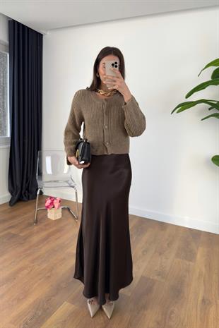Shely Acı Kahve Beli Lastikli Maxi Boy Saten Etek