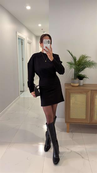 Shoper Siyah İki İplik Pileli Elbise