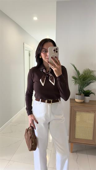 Siana Kahve Polo Yaka Fularlı Triko