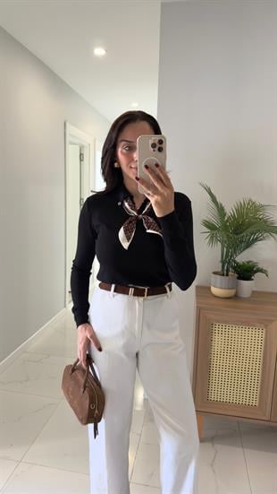 Siana Siyah Polo Yaka Fularlı Triko